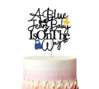 A Blue Jean Baby Is On the Way Cake Topper, Denim Baby Shower Cake Topper, Blue Glitter Denim Cake Topper for Blue Jean First Birthday Party Decoration