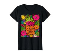 A Book A Day Keeps Reality Away Floral Groovy Bookish Value Graphic T-Shirt, Women, Black, M