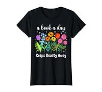 A Book A Day Keeps Reality Away Floral Librarian Bookish Value Graphic T-Shirt, Women, Black, L