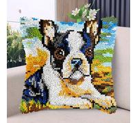 A Boston Terrier DIY Latch Hook Kits Pillow with Printed Canvas Handmade Cushion Crochet Yarn Embroidery Hook and Latch Kit Pillowcase Christmas Decor 43x43cm