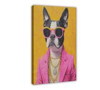 A Boston Terrier Wearing Sunglasses And A Suit Canvas Poster Bedroom Decor Landscape Office Room Decor Gift 16x24inch(40x60cm)