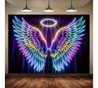 A bright neon angel wings party banner - black light-reactive background with a glowing halo and circular design