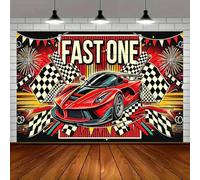 A bright red polyester banner with a racing car illustration on the theme “FAST ONE” with flags and fireworks motifs 250x180CM