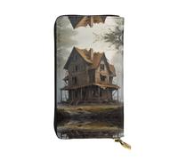 A broken house Long leather wallet, portable credit card holder, zippered coin purse, and ID compartment