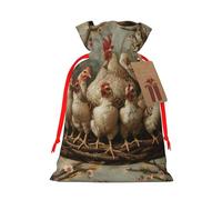 A Brood Of Chickens Print Christmas Drawstring Present Bag, Polyester Linen-Like Bag, Reusable Holiday Goodie Bag