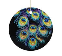 A Bunch of Peacock Feathers Double-Sided Ceramic Christmas Ornaments - Round Hanging Mini Xmas Tree Decorations, Ideas for Farmers, Rustic Home Decor for Indoor Outdoor Tree Decor