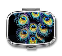 A Bunch of Peacock Feathers Pill Box - 2 Compartment Travel Pill Organizer with Small Mirror, Portable Pillcase for Pocket & Purse, Cute Square Medicine Case, Weekly Medicine Container