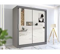 A.C. Milan Modern Double Mirror sliding door wardrobe with LED Light Width 100cm/120cm/150cm/180cm/203cm/250cm (GREY, 216H x 150W x 62D)