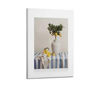 A Canvas Displaying A Potted Lemon Tree in A White Vase And A Bowl of Lemons on A Blue And White Striped Tablecloth Poster Decorative Painting Canvas Wall Posters And Art Picture Print Modern Family B