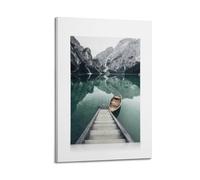 A Canvas Showing A Wooden Rowboat Tethered to A Dock on A Calm Lake, with Mountains Reflecting in The Water Poster Decorative Painting Canvas Wall Posters And Art Picture Print Modern Family Bedroom D