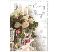 A Caring Thought - Elegant Christmas Greeting Card with White Roses & Holly - Thoughtful Festive Card with Heartfelt Verse - Wishes at Christmas
