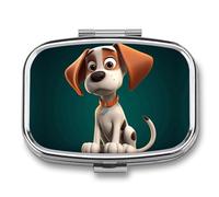 A Cartoon Dog Pill Box 2 Compartment, Portable Pill Case with Mirror for Pocket Purse Travel, Mini Metal Medicine Organizer for Vitamins Fish Oil