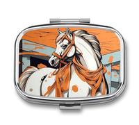 A Cartoon Horse Pill Box 2 Compartment, Portable Pill Case with Mirror for Pocket Purse Travel, Mini Metal Medicine Organizer for Vitamins Fish Oil