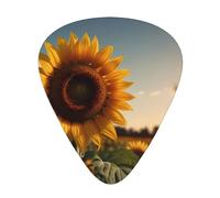 A cartoon sunflower guitar picks in three different thicknesses, suitable for electric guitar and band players