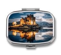 A Castle by The Lake Pill Box 2 Compartment, Portable Pill Case with Mirror for Pocket Purse Travel, Mini Metal Medicine Organizer for Vitamins Fish Oil