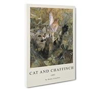 A Cat and A Chaffinch Bird Bruno Liljefors Canvas Print | Gallery Wrapped 30mm Frame Wall Art | 30x20 inches | Ready to Hang | Contemporary Animals Picture | Living Room Bedroom Lounge Office