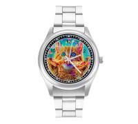 A Cat Eating Pizza Psychedel Quartz Watch Stainless Steel Wrist Watches for Men Women Easy to Read