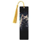 A cat in a Nebula Bookmarks, Wood Bookmark for Women Men Handmade Book Mark for Book Lovers, Wood Tags Reading Page Markers Rectangle Shape Ornaments with Tassels