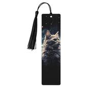 A cat in a Nebula Bookmarks, Wood Bookmark for Women Men Handmade Book Mark for Book Lovers, Wood Tags Reading Page Markers Rectangle Shape Ornaments with Tassels