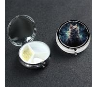 A cat in a Nebula Pill Box with Mirror 3 Compartment Decorative Pill Case for Purse or Pocket Small Round Pill Organizer Weekly Metal Medicine Tablet Vitamin Holder Travel Gift