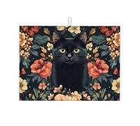 A Cat's Head is Among The Flowers Large Microfiber Dish Draining Mat Reusable Washable Dish Drainer Pad Rack Mat for Kitchen Accessory 18x24 Inch