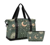 A Celestial Pattern with Moons Stars and Galaxies Sports Tote Gym Bag Carry On Shoulder Weekend Tote with Adjustable Strap for Yoga Foldable, A celestial pattern with moons, stars and galaxies, One