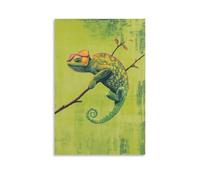 A Chameleon Clings to An Invisible Branch on A Lime Green Background, Its Colors Subtly Shifting in Minimalist Harmony. Fashionable Wall Decor - Hanging Art Poster And Mural20x30inch(50x75cm)
