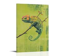 A Chameleon Clings to An Invisible Branch on A Lime Green Background, Its Colors Subtly Shifting in Minimalist Harmony. Fashionable Wall Decor - Hanging Art Poster And Mural20x30inch(50x75cm)