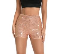 A-Champagne Womens High Elastic Waist Sequin Sparkly Straight Leg Glitter Sparkle Party Club Concert Hot Shorts (M)