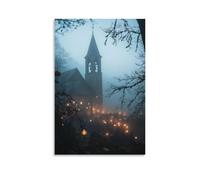 A Chapels Bell Tower Rises through Fog As Villagers Gather with Lanterns, Waiting for The First Hymn of Dawn. Wall Art Mural Modern Decoration Hanging Art Poster 24x36inch(60x90cm)