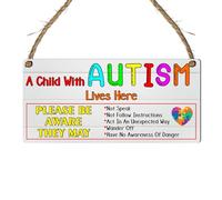 A Child with Autism Lives Here - Essential Autism Safety Awareness MDF Wood Plaque - Colourful Indoor Sign with Important Safety Reminders (Large: 29 cm (H) × 13.5 cm (W))