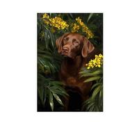 A Chocolate Labrador Retriever Sitting Next to A Tree with Flowers And Vines in Summer Canvas Poster Wall Art Decor Print Picture Paintings for Living Room Bedroom Decoration 24x36inch(60x90cm)