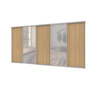 A-Class Sliding Doors Mid Oak & Mirror 5-Door Sliding Wardrobe Door Kit, Silver Frame & Tracks, Opening Height (H) 225-226Cm & Width (W) 370-371Cm