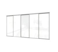 A-Class Sliding Doors Pure White Glass 5-Door Sliding Wardrobe Door Kit, Silver Frame & Tracks, Opening Height (H) 225-226Cm & Width (W) 370-371Cm