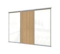 A-Class Sliding Doors Set Of 3 White Glass & Oak Sliding Wardrobe Door Kit, Silver Frame & Tracks, Opening Height (H) 225-226Cm & Width (W) 269-270Cm