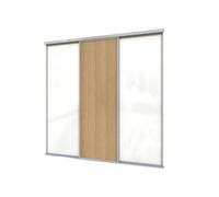 A-Class Sliding Doors Set Of 3 White Glass & Oak Sliding Wardrobe Door Kit, Silver Frame & Tracks, Opening Height (H) 225-226Cm & Width (W) 178-179Cm