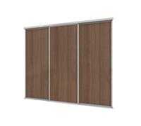 A-Class Sliding Doors Walnut Wood 3-Door Sliding Wardrobe Door Kit, Silver Frame & Tracks, Opening Height (H) 225-226Cm & Width (W) 223-224Cm