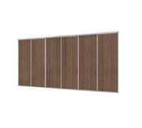 A-Class Sliding Doors Walnut Wood 6-Door Sliding Wardrobe Door Kit, Silver Frame & Tracks, Opening Height (H) 225-226Cm & Width (W) 354-355Cm