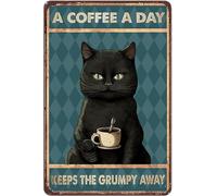 A Coffee A Day Keep The Grumpy Away Retro Signs Cave Black Cat Birthday Decorations Humorous Animal Scenes Memorial Day Veteran'S Day Plaques Patriotic Home Front Yard Wall Art Decor 12x8 Inch