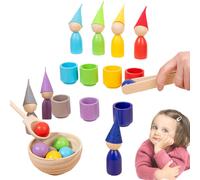 (A) Color Sorting Sensory Toys, Wood Color Matching Toys Educational Sorting Games, Rainbow Balls Cups, Interactive Counting Toddler Games Preschool