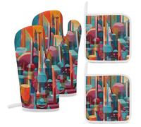 A Colorful Painting Oven Mitts and Pot Holders 4PCS Set Heat Resistant Kitchen Potholders Non-Slip Oven Mit, Hot Pads, Soft Cotton Lining, Baking Gloves for Cooking BBQ Grilling