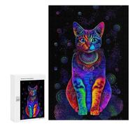 A Colorful, Psychedelic Cat Sitting on A Black Background.300 Pieces Pieces animal Classic Wooden Jigsaw Puzzle for Adults