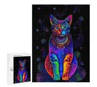 A Colorful, Psychedelic Cat Sitting on A Black Background. 500 Pieces Pieces animal Classic Wooden Jigsaw Puzzle for Adults