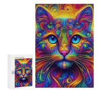 A Colorful, Psychedelic Cat with Intricate Patterns.300 Pieces Pieces animal Classic Wooden Jigsaw Puzzle for Adults