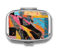 A Colorful Quilt Pill Box 2 Compartment, Portable Pill Case with Mirror for Pocket Purse Travel, Mini Metal Medicine Organizer for Vitamins Fish Oil