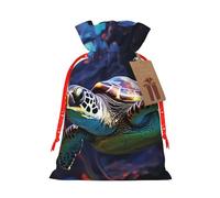 A colorful tropical sea turtle Christmas Gift Bags with Tags & Ribbon Ties, Personalized Santa Sack Xmas Treat Pouch Party Favor Bags Drawstring Christmas Sacks for Holiday Presents Storage Small
