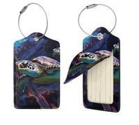 A Colorful Tropical sea Turtle Luggage Tag 2 PCS PU Leather Suitcase Tags Identifiers Travel Tags with Privacy Protection and Stainless Steel Loop Luggage Bag Tag for Women Men