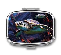 A Colorful Tropical Sea Turtle Pill Box,2 Compartments Square Pills Container,Portable for Pocket Or Purse Pill Organizer to Hold Vitamins,Medication,Fish Oil,etc