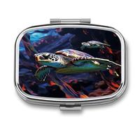 A Colorful Tropical Sea Turtle Pill Case 2 Compartment Small Pill Box Metal Portable Medicine Box Mini Medication Organizer Storage Travel Organizer for Pocket Purse