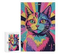 A Colorful, Vibrant Cat with A Psychedelic Background.300 Pieces Pieces animal Classic Wooden Jigsaw Puzzle for Adults
